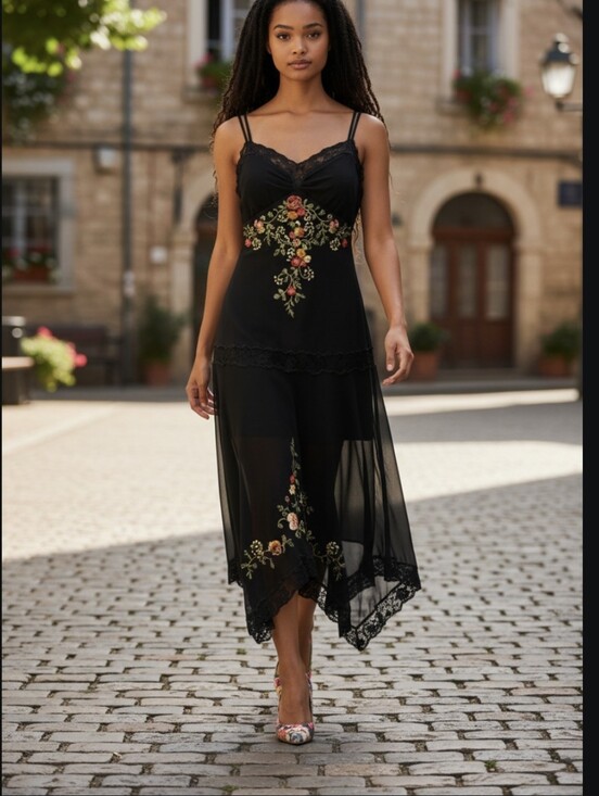 Cache Dresses & Skirts - Cache Black Embroidered Floral Slip Dress Lace Handkerchief Hem Fairy Grunge 4